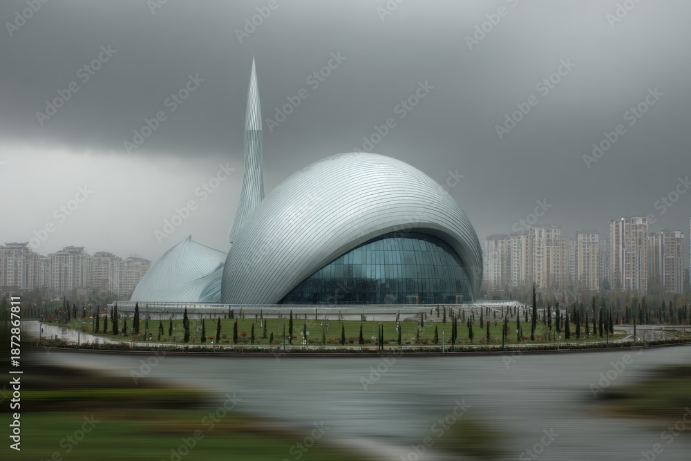 Obraz premium Modern architectural building with a domed structure against a cloudy sky.