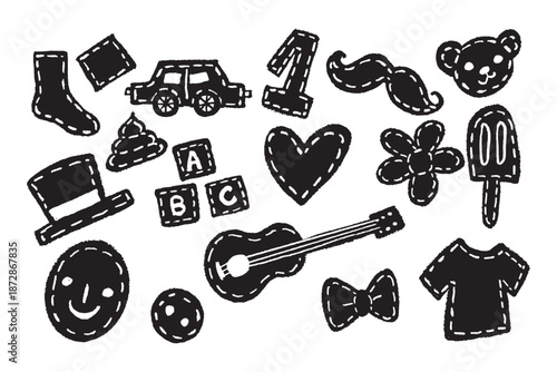 kid element patchwork icons, children simple patch of border sewing concept with dashed line