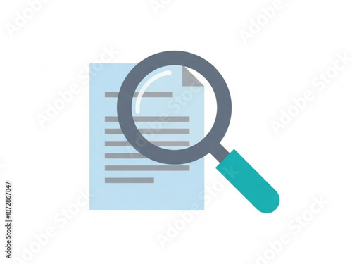 A magnifying glass hovers over a document with gray lines on a light blue