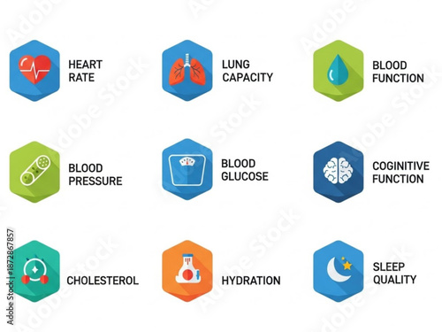 Vector icons of health metrics including heart rate lung capacity and blood