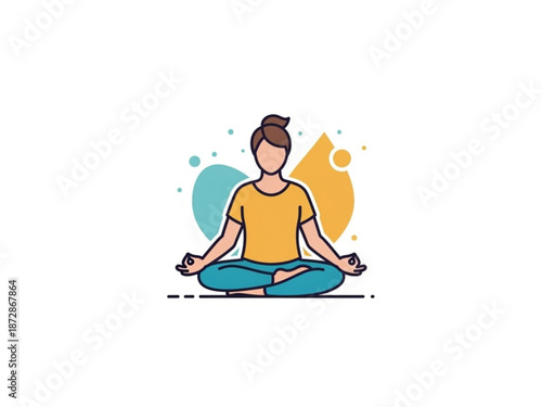Woman in yellow shirt meditates cross legged on floor with hands in mudra