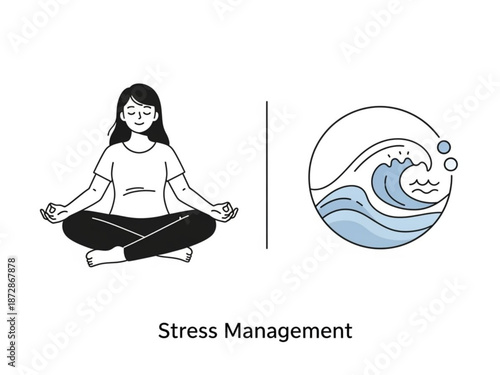 Woman meditating in lotus position next to calming ocean wave for stress