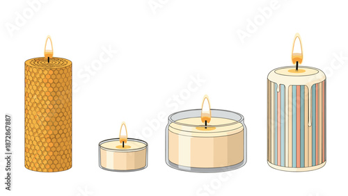 Group of four different scented candles including a tall honeycomb candle, tea light, and jar candles for home decor and aromatherapy.