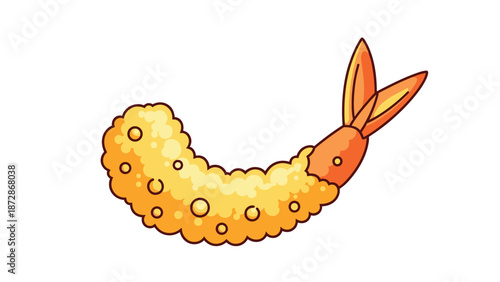 Crispy golden-brown tempura shrimp or prawn with its tail shown in a detailed food illustration for Japanese cuisine and seafood themes.