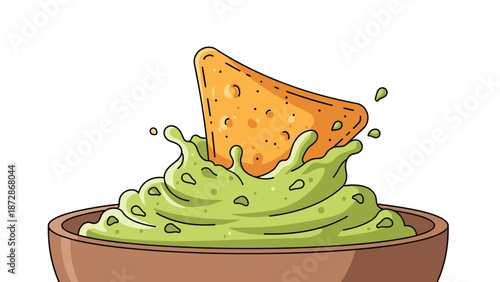 Bowl of creamy green guacamole dip with a single triangular tortilla chip or nacho being dipped into it in a colorful food illustration.