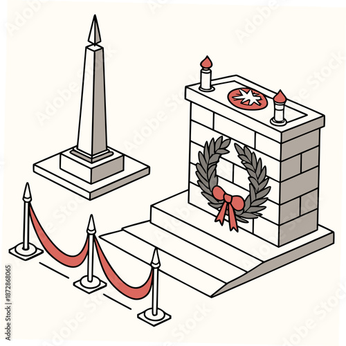Memorial monument with wreath and barrier red rope