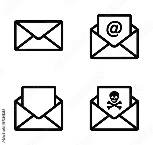 Black and white vector icons of envelopes and spam email warnings