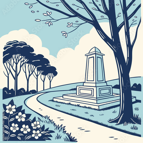 Of a serene memorial monument in a park tree flowers