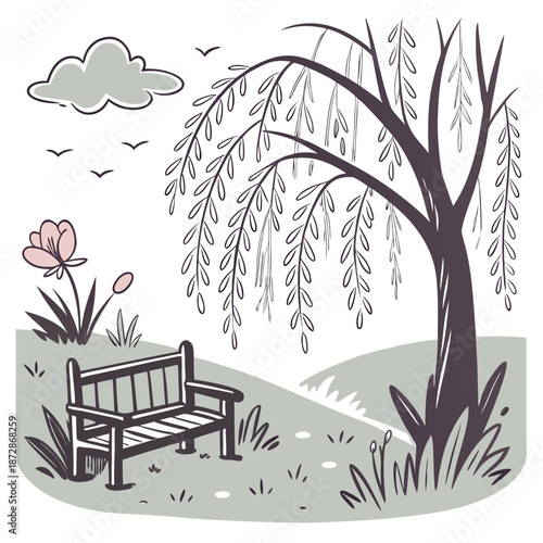 Serene park scene with bench under weeping tree weeping willow