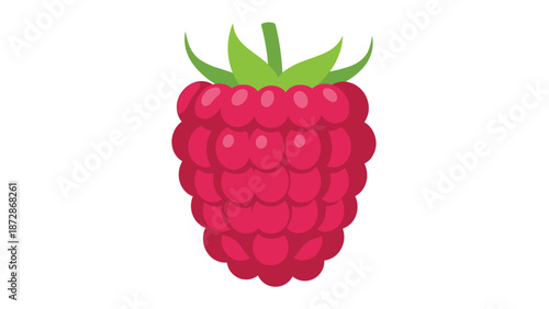 Bright red ripe raspberry fruit with a small green stem and leaves shown in a colorful and detailed flat illustration for food designs.