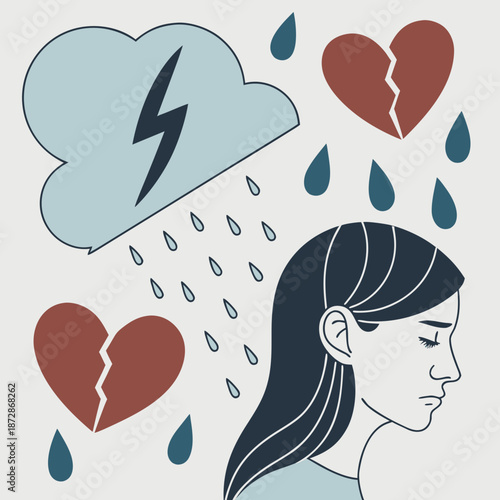 Woman crying with broken hearts and rain sadness grief
