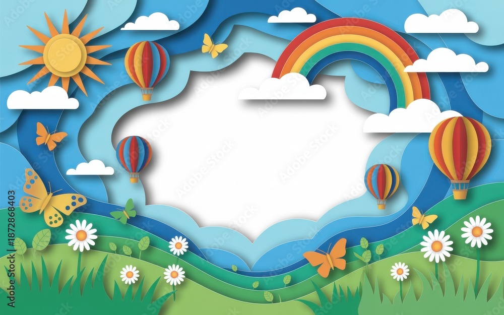 Obraz premium A vibrant landscape with rainbow, hot air balloons, and butterflies in a sunny sky with flowers and grass