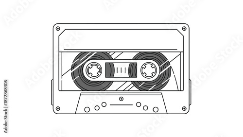 Vintage analog audio cassette tape line art drawing isolated on white background for retro music and technology designs.