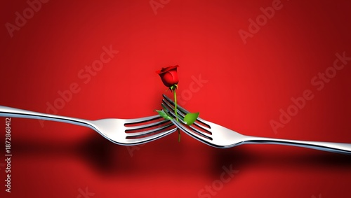 Romantic concept of a single red rose held between two silver forks on red background