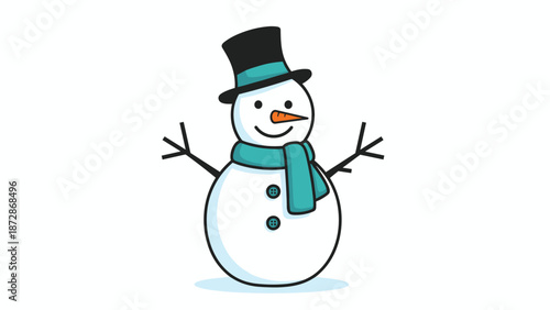 Friendly snowman wearing a black top hat and teal scarf standing happily on a winter day in a colorful cartoon style.