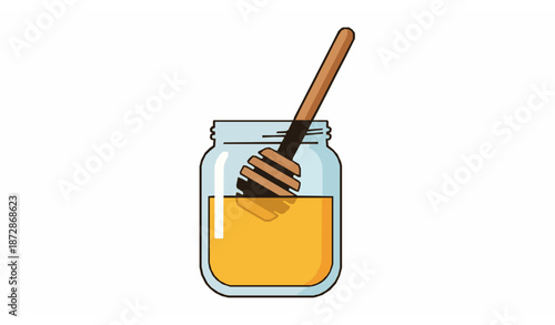 Flat Honey Jar and Wooden Dipper Vector Illustration