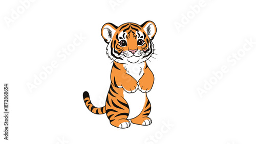 Adorable baby tiger cub standing upright and looking forward with friendly eyes in a charming cartoon animal illustration.