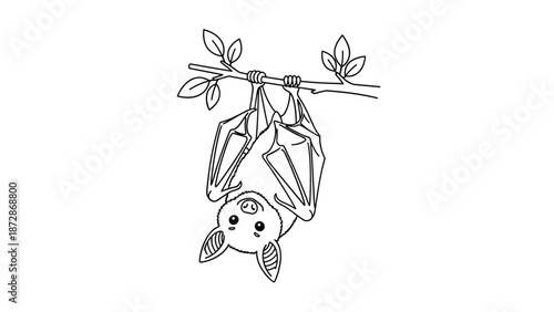 Cute cartoon bat hanging upside down from a tree branch with leaves shown in a simple black and white line art drawing.