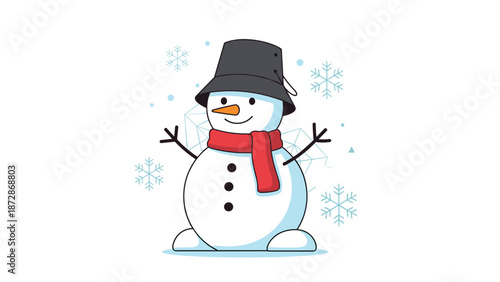 Cheerful snowman wearing a grey bucket hat and red scarf standing amidst falling snowflakes in a clean vector illustration.
