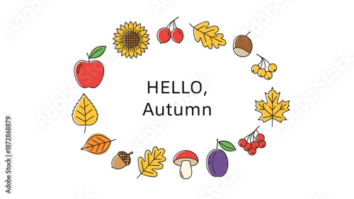 Decorative autumn wreath featuring seasonal items like apple, sunflower, mushrooms, and colorful leaves on white background.