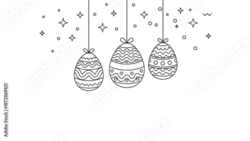 Three decorative Easter egg ornaments hanging from strings with stars and dots shown in a clean line art drawing.