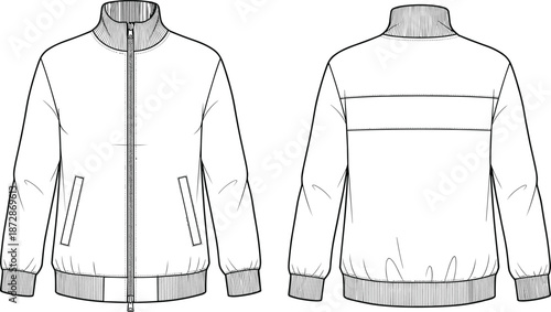 Men jacket technical drawing, front and back view outerwear, zip up fashion flat sketch, apparel CAD vector illustration