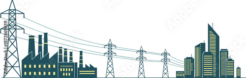 Electric power transmission lines connecting industrial factory zone to modern city skyline representing energy infrastructure urban development vector illustration