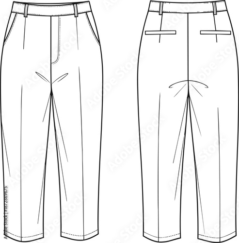 Men trousers technical drawing, front and back view pants, fashion flat sketch, tailored clothing design, apparel CAD vector illustration