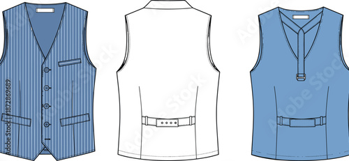 Men vest technical fashion drawing, front back views, tailored waistcoat design, apparel blueprint, garment construction, textile pattern, flat vector illustration