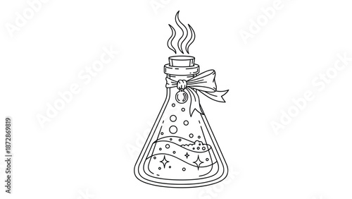 Mystical magic potion bottle with a ribbon bow and bubbling liquid shown in a detailed black and white line art drawing.