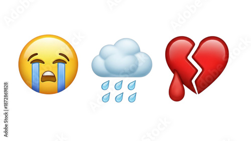 A crying face emoji, a raining cloud emoji, and a broken heart emoji displayed together on a white background
