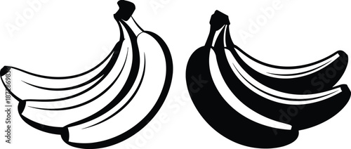 Black and white banana illustration set showing positive and negative shapes, minimalist fruit silhouette design for logos, icons, packaging, prints, and modern graphic projects