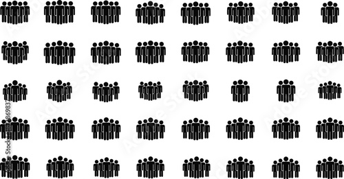 People group icons set showing crowd silhouettes, team symbols, community population signs, human figures pictogram collection, flat vector illustration design