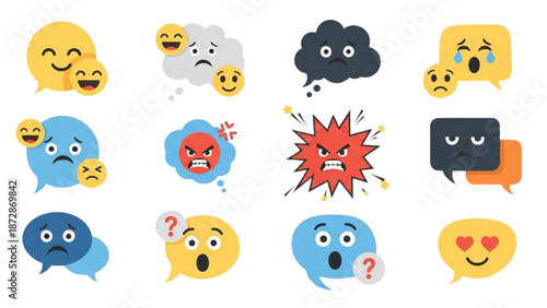 Various colorful emoticon symbols expressing different emotions and reactions in a digital illustration format.