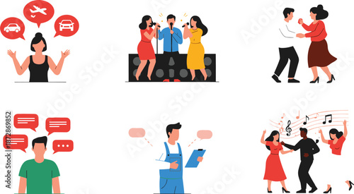 People social activity illustration set featuring communication singing dancing discussion lifestyle moments flat vector design collection