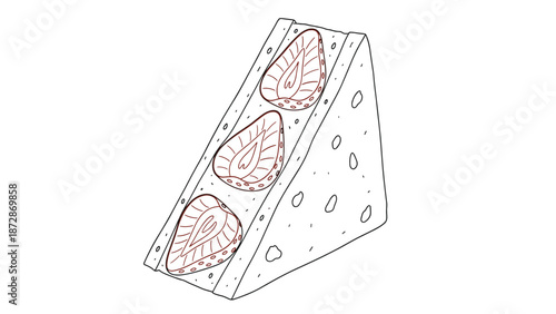 Simple line art drawing of a Japanese fruit sandwich with strawberry halves and cream shown in a black and white style.