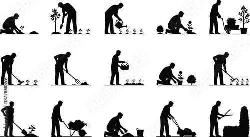 Silhouette collection of people gardening and landscaping, planting seedlings, watering plants, mowing lawns, and yard maintenance activities, outdoor nature care lifestyle concept illustration