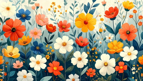 Wallpaper Mural Vibrant Watercolor Floral Bouquet with Poppies and Daisies on Soft Blue Background Torontodigital.ca