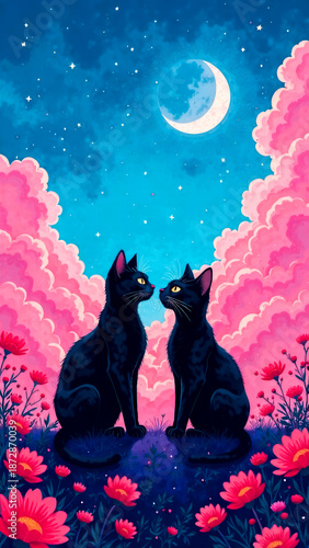 A pair of black cats falling in love are sitting on clouds among flowers under the moon and look at each other. Valentine's day holiday card. Night date of loving pets. Art in blue and pink colors.
