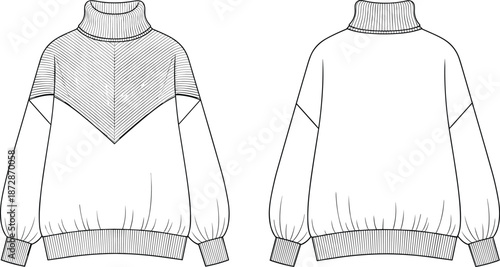 Turtleneck sweater, technical, drawing, front, back, view, fashion, garment, knitwear, apparel, design, outline, vector, illustration, clothing, pattern, tailoring, blueprint, cad, flat