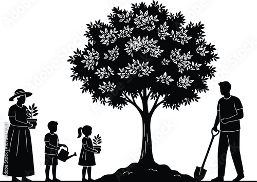 Family planting tree together silhouette illustration showing parents and children gardening, growth, sustainability, love for nature, and environmental responsibility concept