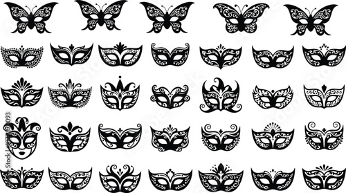Elegant masquerade masks and butterfly silhouettes collection, decorative carnival and venetian mask designs for parties, theater, festivals, fashion, tattoos, and graphic design projects