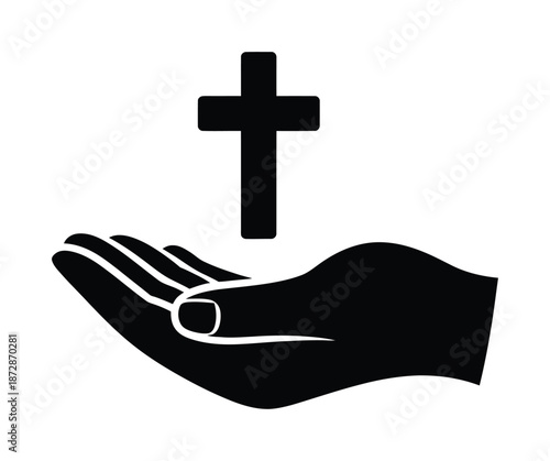 Vector illustration of hand holding cross floating above palm