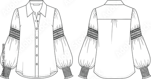 Women blouse technical drawing, front and back view shirt, puff sleeve fashion flat sketch, apparel CAD vector illustration