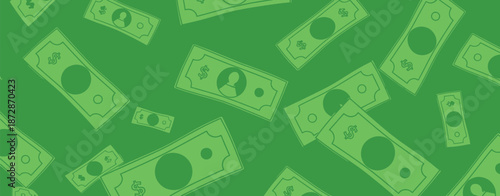 Green background with scattered dollar bills creates a bold finance-themed scene suitable for money, wealth, and business topics, conveying abundance, exchange, and economic growth.