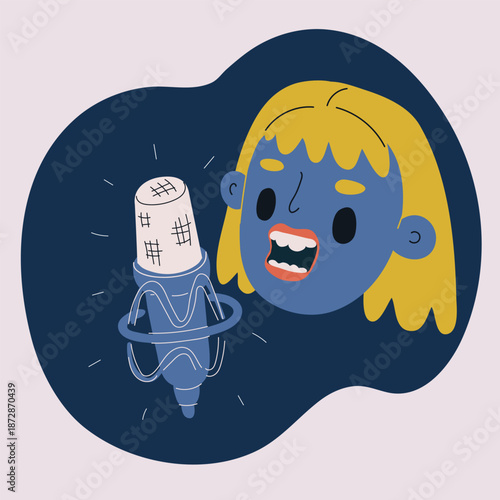 Cartoon vector illustration of woman blogger with a microphone, symbolizing podcasting, creativity, digital communication against dark background