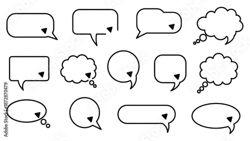 Collection of Various Speech Bubbles and Thought Clouds in Black Outline on White Background