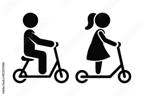 Vector illustration shows boy and girl riding scooters in a playful scene.
