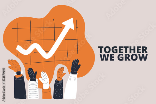 Cartoon vector illustration of raised hands with a chart above symbolizing success, growth, achievement