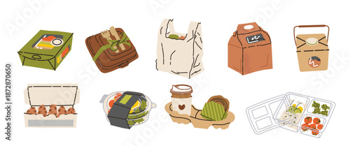 Takeaway packaging with different meals vector collection. Hand drawn illustrations of disposable takeout containers on white background. Food delivery service concept. For banner, sticker ads